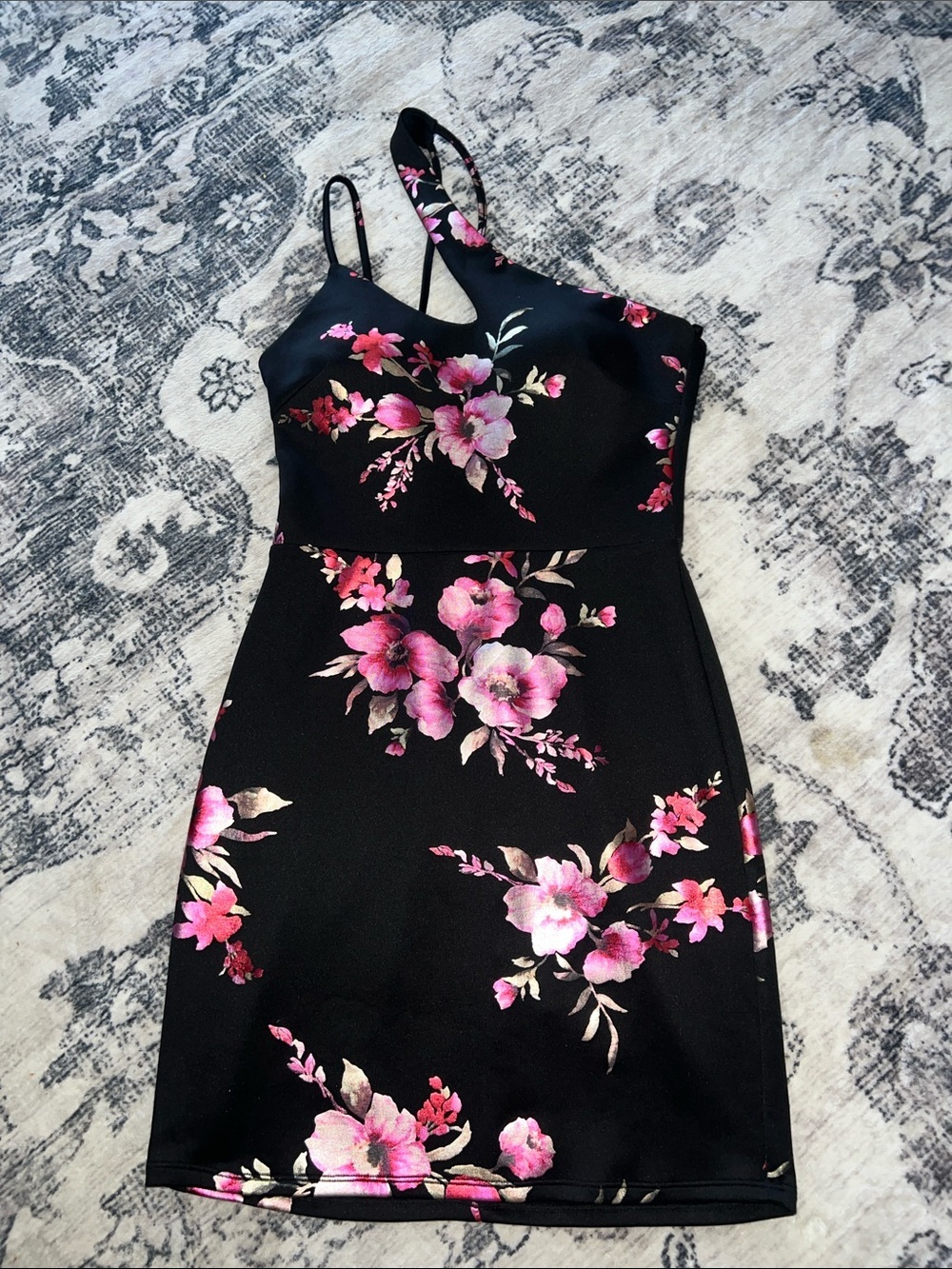 B Darlin Black Mini Dress with Pink Floral Print